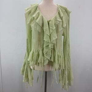 VTG Women's Long Sleeve Blouse Ruffle Fringe Beaded Y2K Fairy Lagenlook Green S